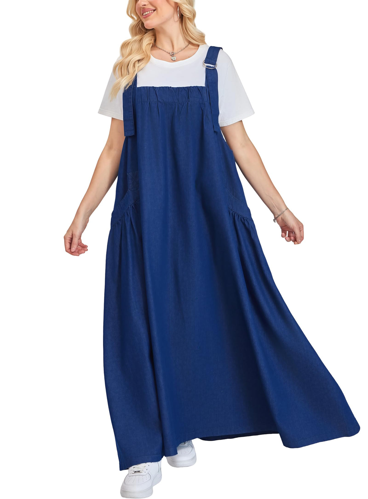 Denim Jumper Dress for Women Loose Version Baggy Style Maxi Length Adjustable Straps Wide Hemline