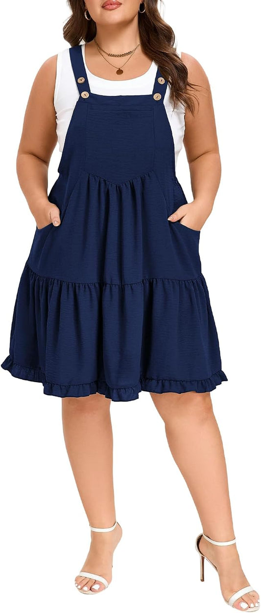 Moon Wood Plus Size Overall Dress for Women Adjustable Straps Jumper Pinafore Dress with Pockets Summer Mini Short Dress