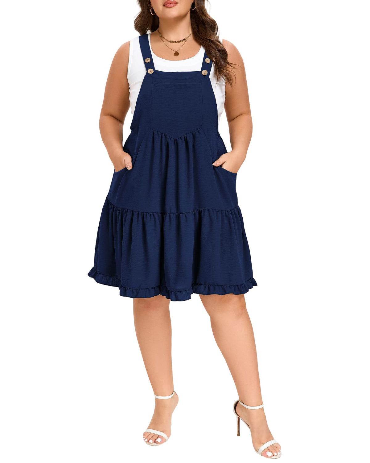 Moon Wood Plus Size Overall Dress for Women Adjustable Straps Jumper Pinafore Dress with Pockets Summer Mini Short Dress
