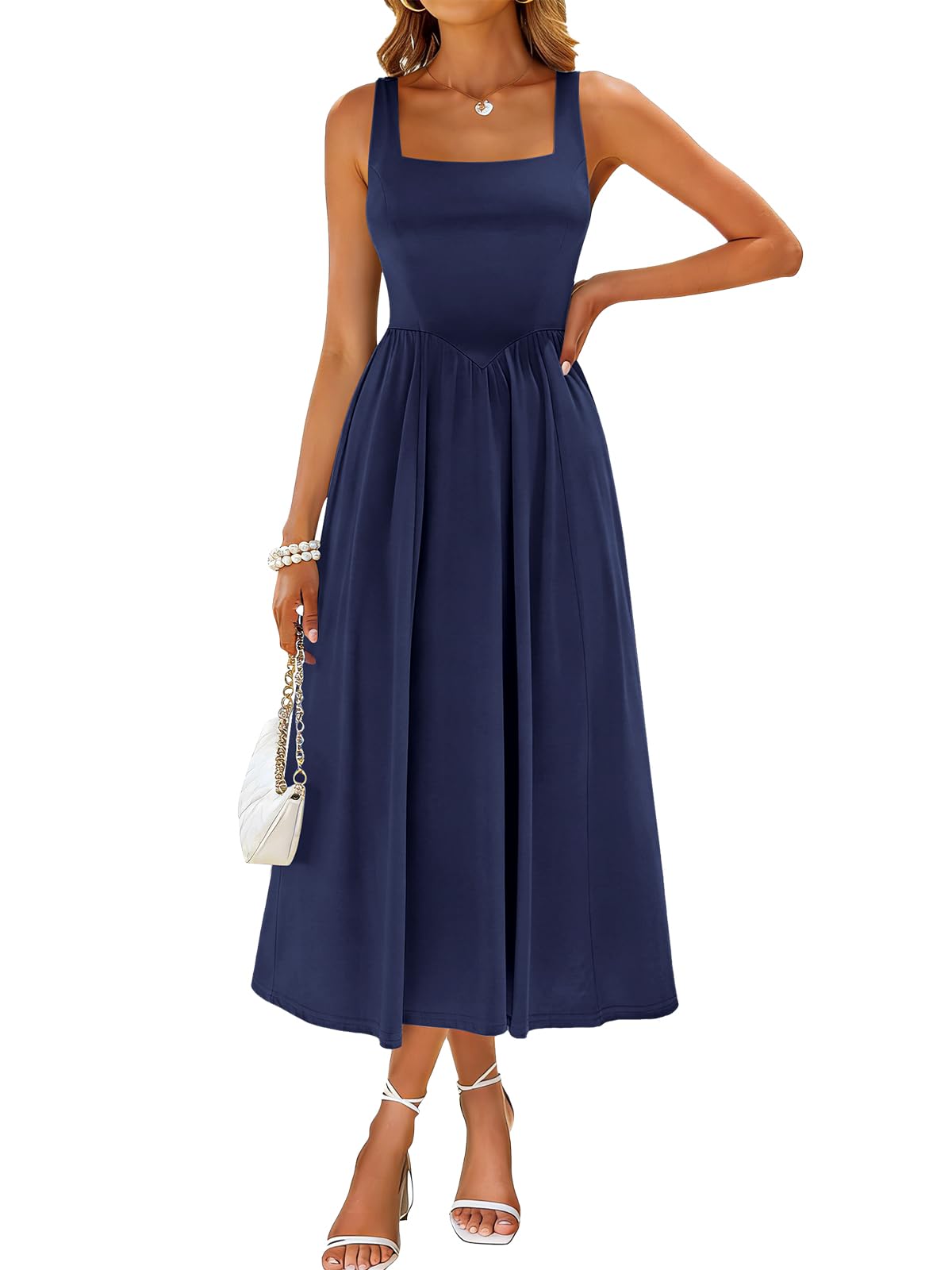 Sureple Midi Dresses for Women 2026 Spring Square Neck Tank Sleeveless A Line Casual Summer Sundresses with Pockets