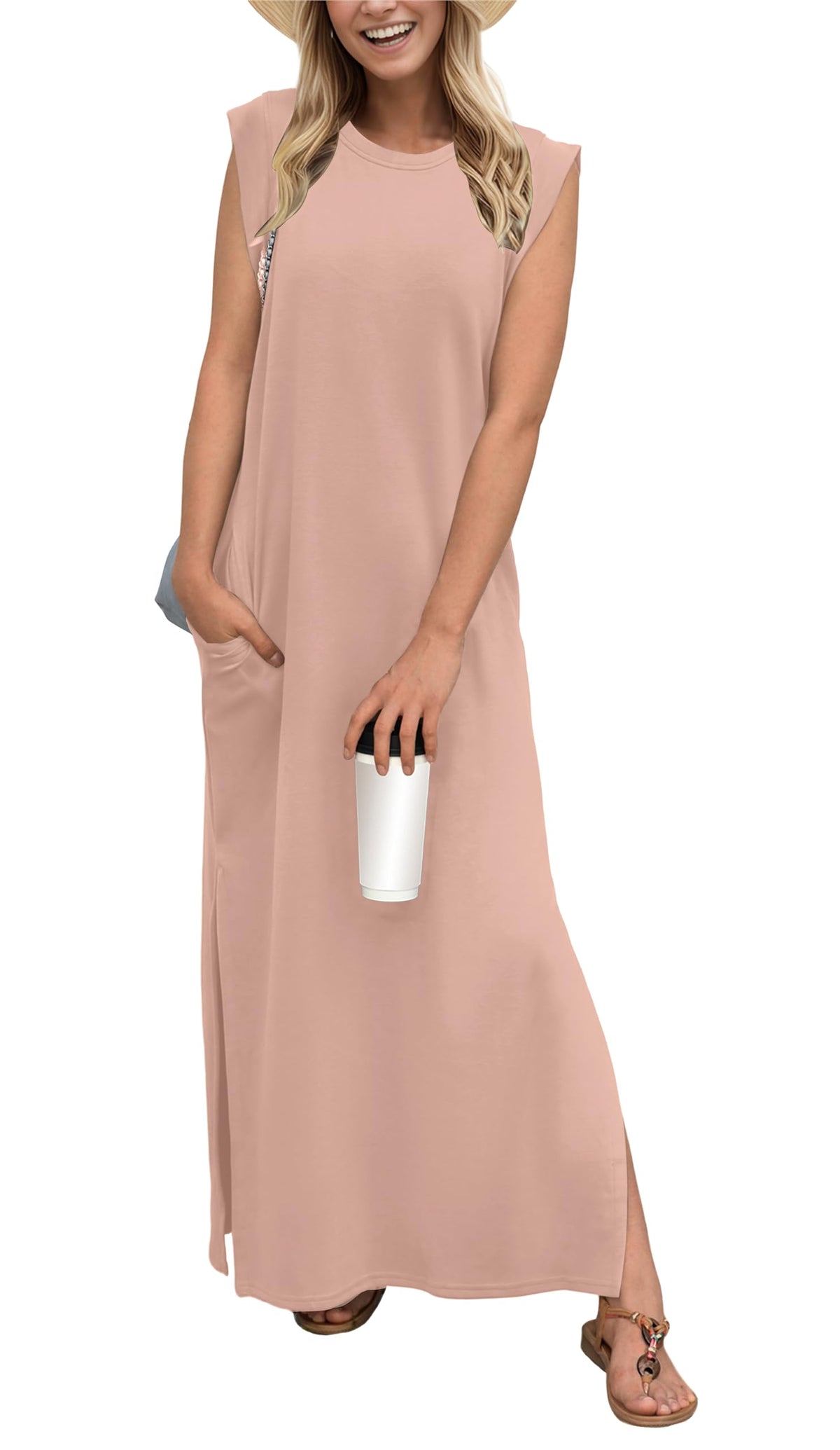 GRECERELLE 2026 Women Year-Round Casual Round Neck Loose Split Wrinkle-Free Long Maxi Vacation Dress with Pockets (XXS-4XL)