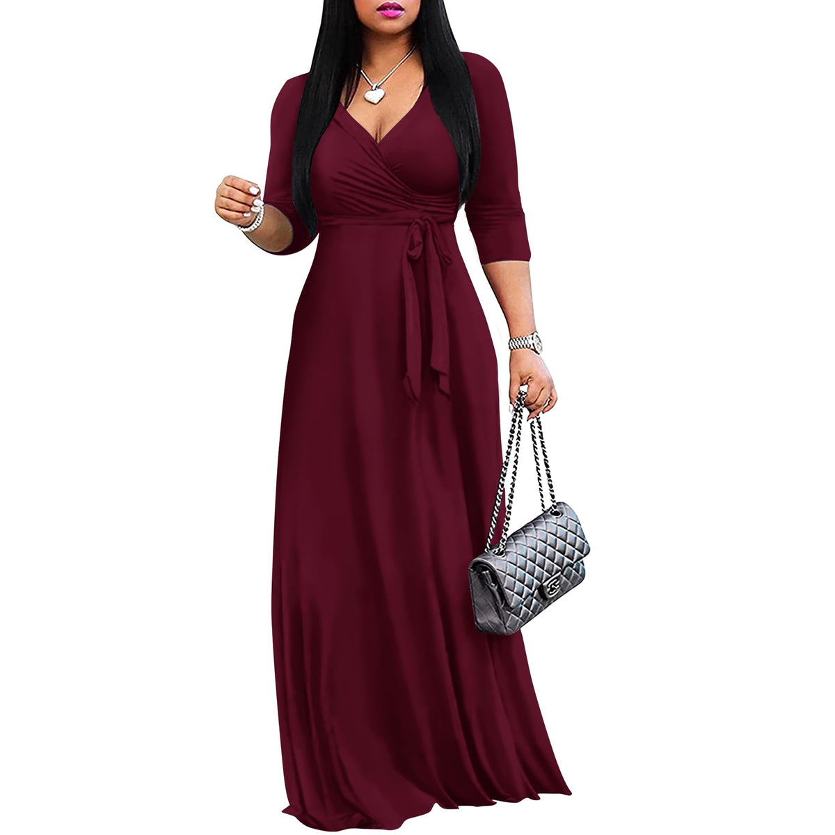 FANDEE Women's 2026 Maxi Dress - Solid Color Bohemian Summer Long Maxi Dress V-Neck 3/4 Sleeve