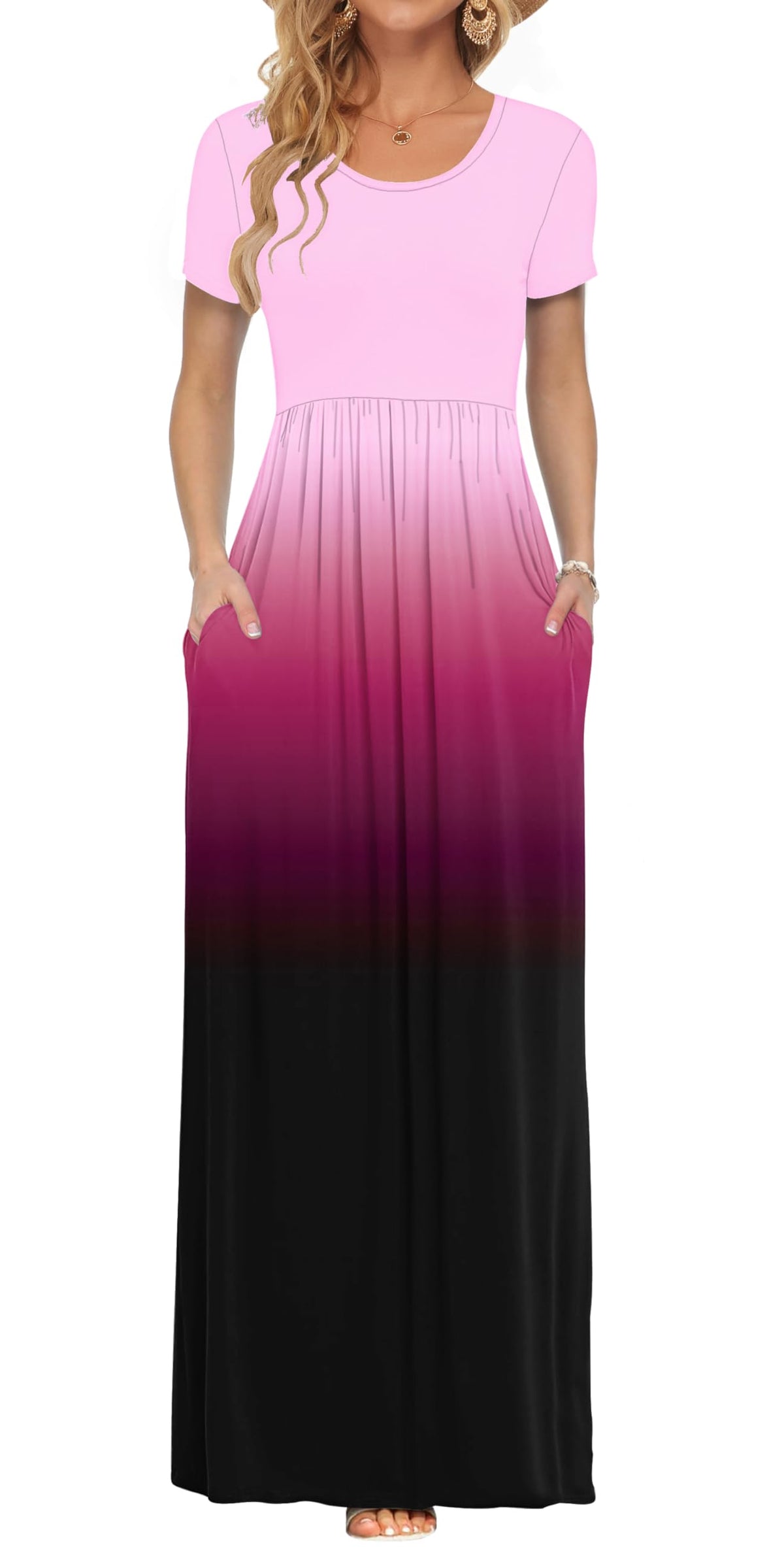 AUSELILY Women's Summer Short Sleeve Loose Plain Casual Long Maxi Dresses