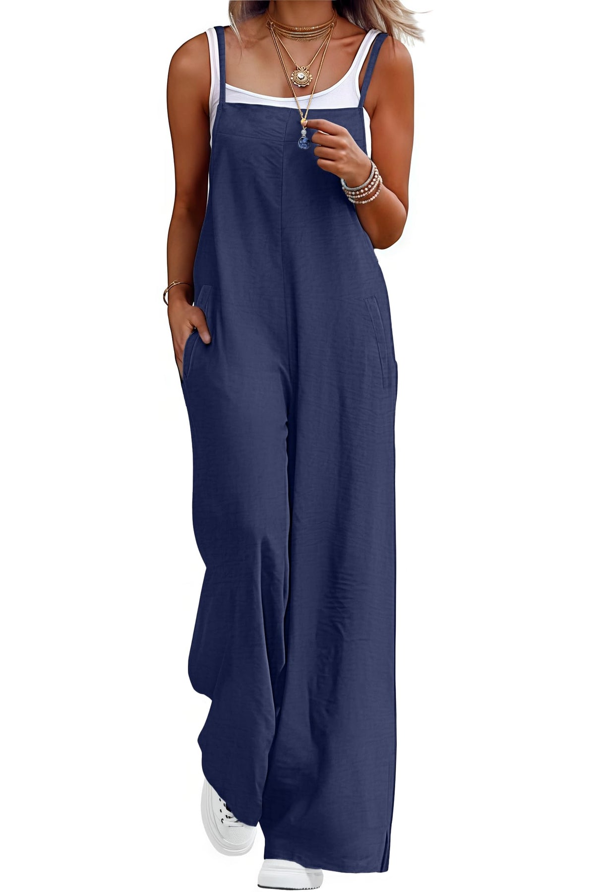 Lepunuo Womens Casual Loose Jumpsuits Summer Boho Wide Leg Rompers Sleeveless Overalls with Pockets