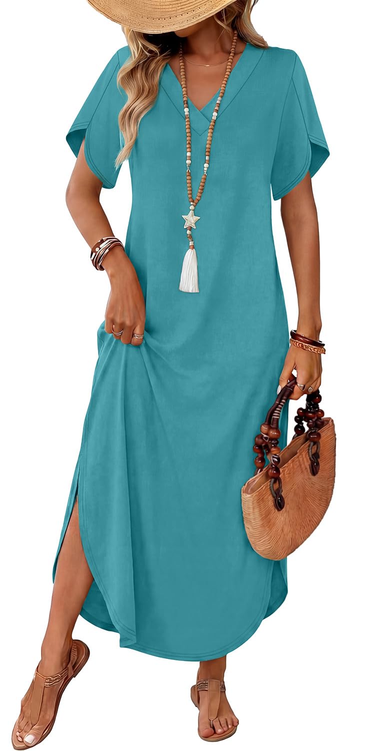 WIHOLL Summer Dresses for Women Short Sleeve Maxi Dresses V Neck Sundress with Side Slit Pockets Casual Beach Dress
