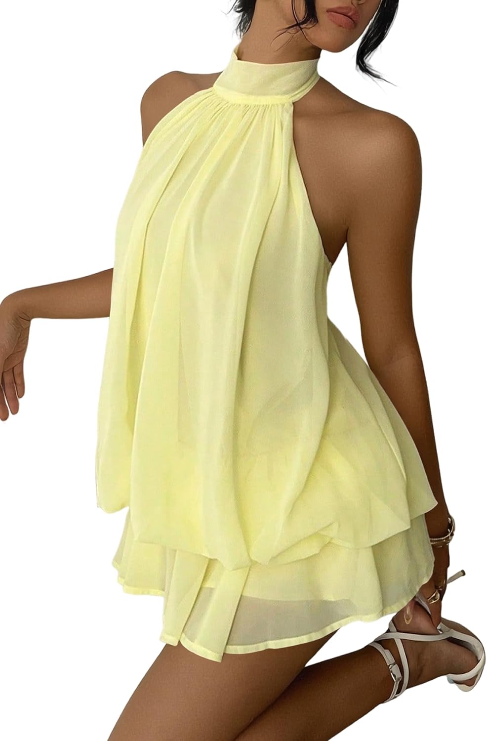 Women's Chiffon Halter Drop Waist Mini Dress Wedding Guest Dresses Ruffle Formal Holiday Club Brunch Outfits