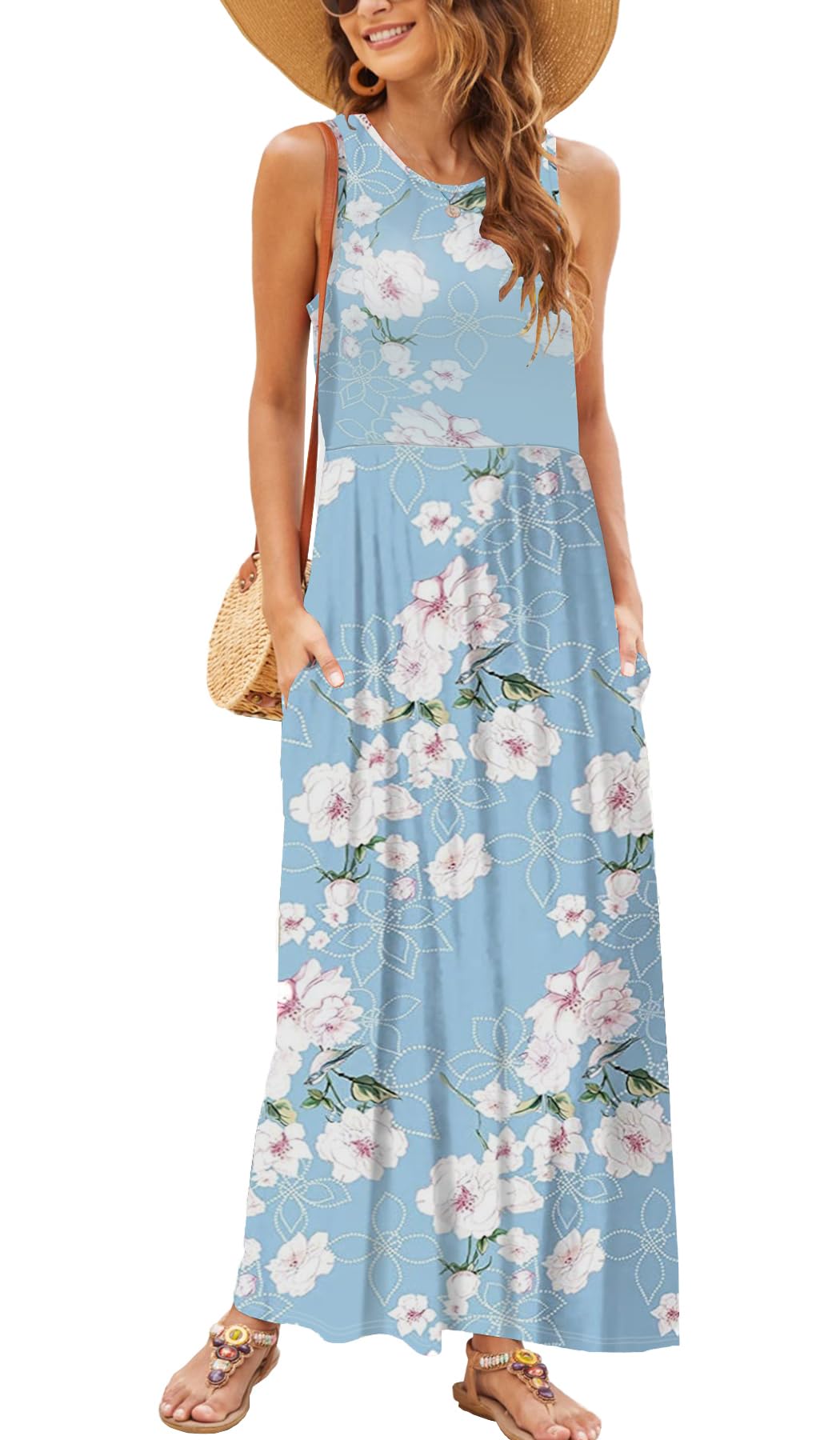 Hount Women's Summer Sleeveless Striped Flowy Casual Long Maxi Dress with Pockets