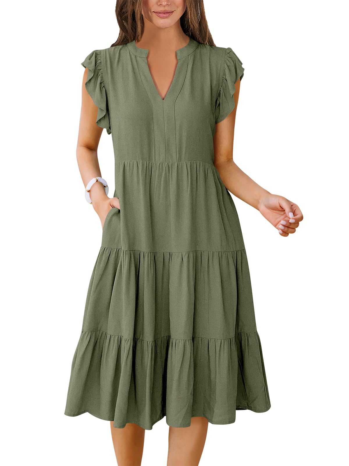ANRABESS Womens Summer Dress Ruffle Sleeve V Neck Midi Dresses