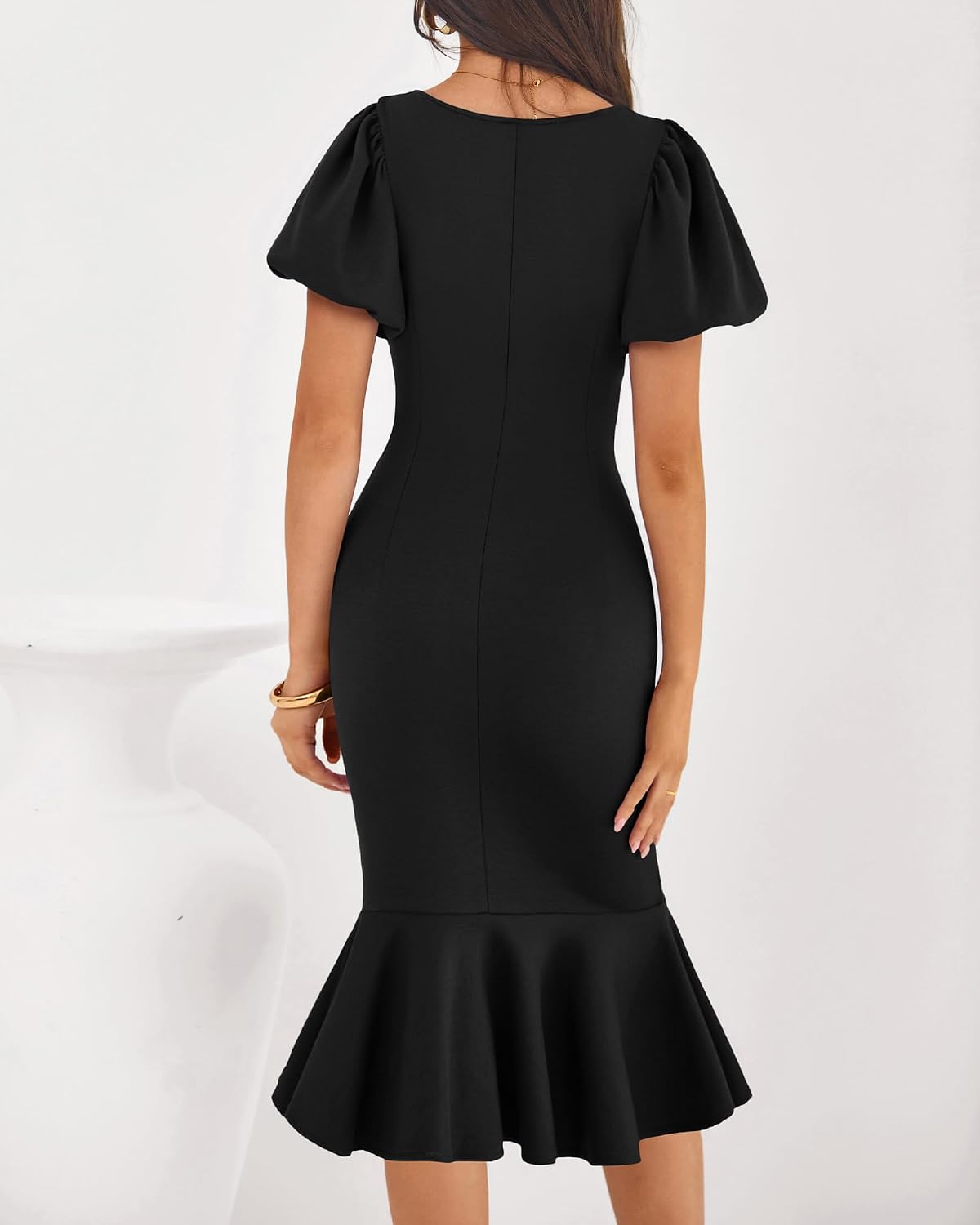 BTFBM Women Short Sleeve Bodycon Ruffle Mermaid Midi Dress