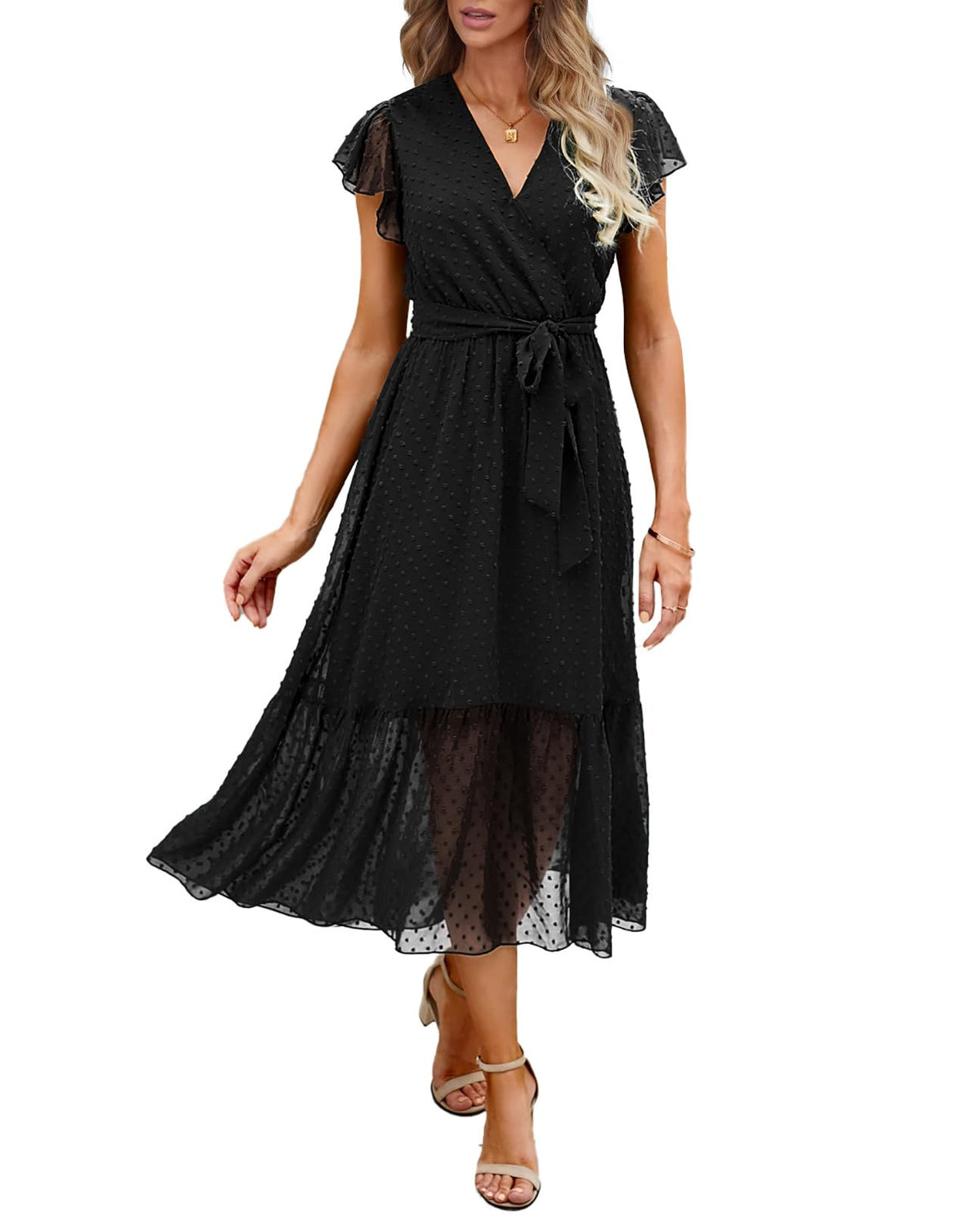 BTFBM Women Summer Casual Wrap V Neck Ruffle Cap Sleeve Belted Midi Dress