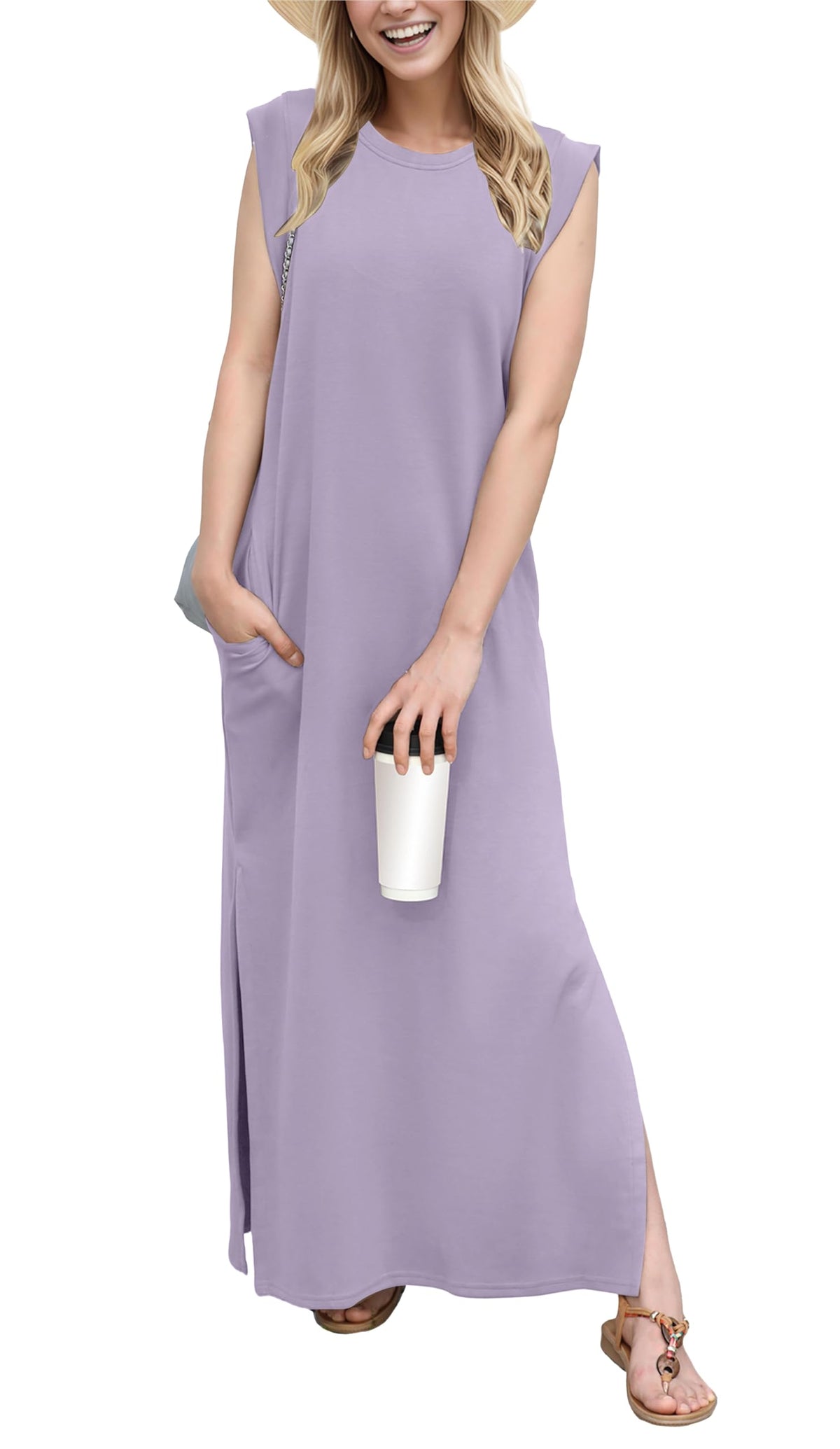 GRECERELLE 2026 Women Year-Round Casual Round Neck Loose Split Wrinkle-Free Long Maxi Vacation Dress with Pockets (XXS-4XL)