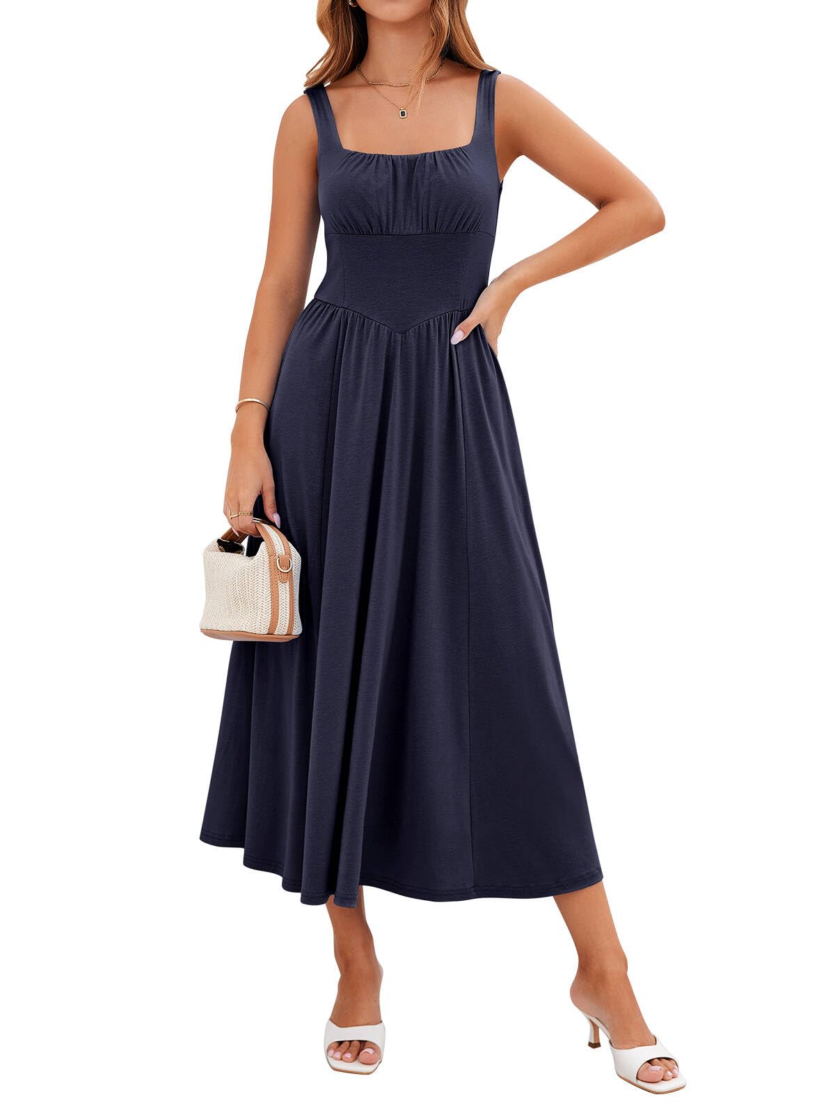YIOYOLA Womens Casual Summer Dress with Pockets | Sleeveless Square Neck Flowy A-Line Midi Sundress for Beach & Wedding Guest