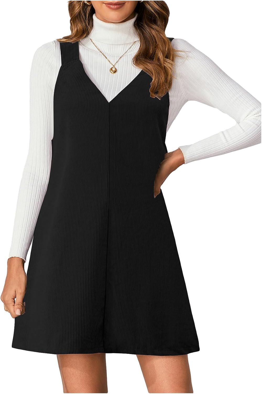 Milumia Women's V Neck Corduroy Overall Dress Mini Pinafore Jumper Dress