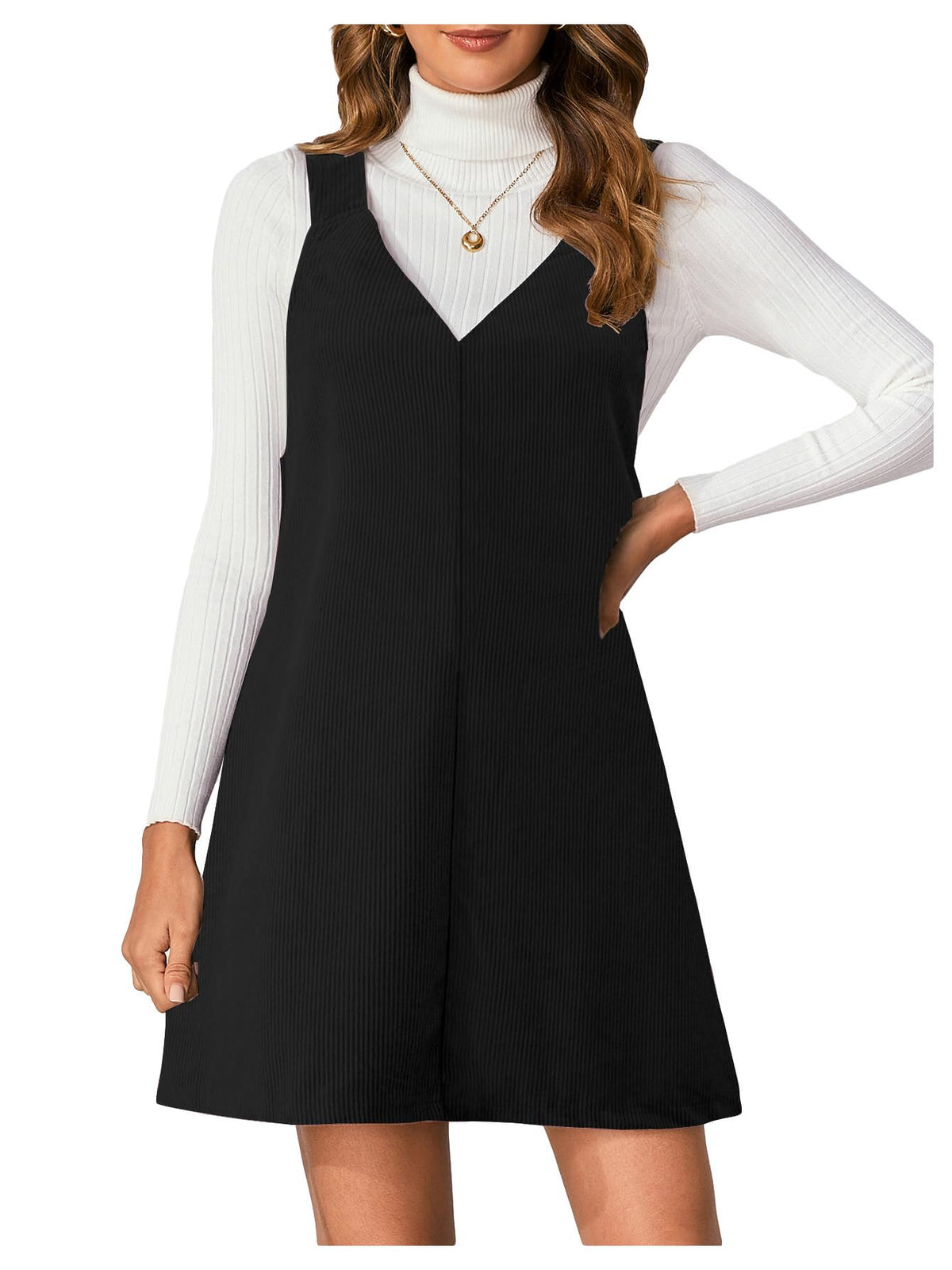 Milumia Women's V Neck Corduroy Overall Dress Mini Pinafore Jumper Dress