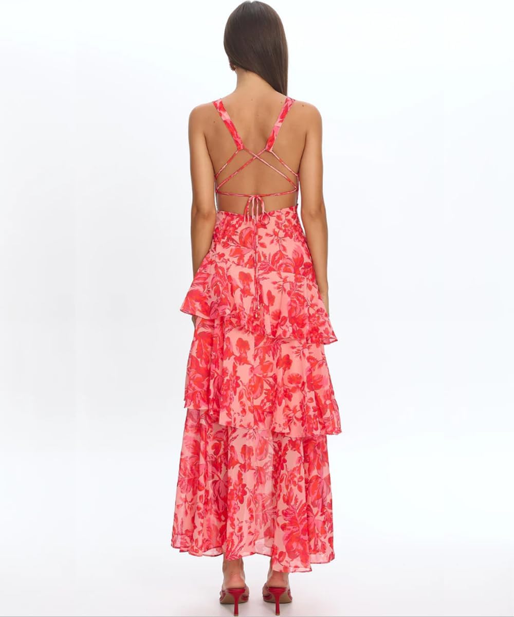 Women's Floral Maxi Dress Sexy Deep V Neck Backless Ruffles Dresses Beach Party Wedding Guest Dress