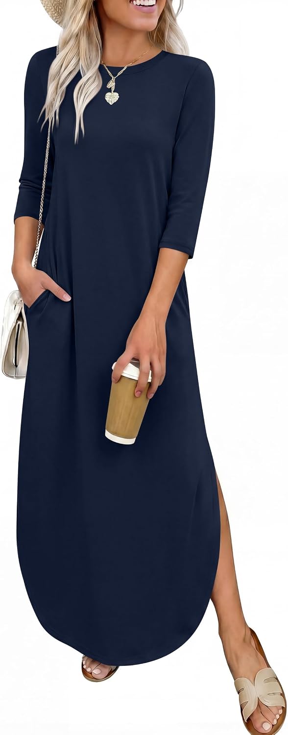 ANRABESS Women’s Air Layer 3/4 Sleeve Fall Maxi Dress & Pockets