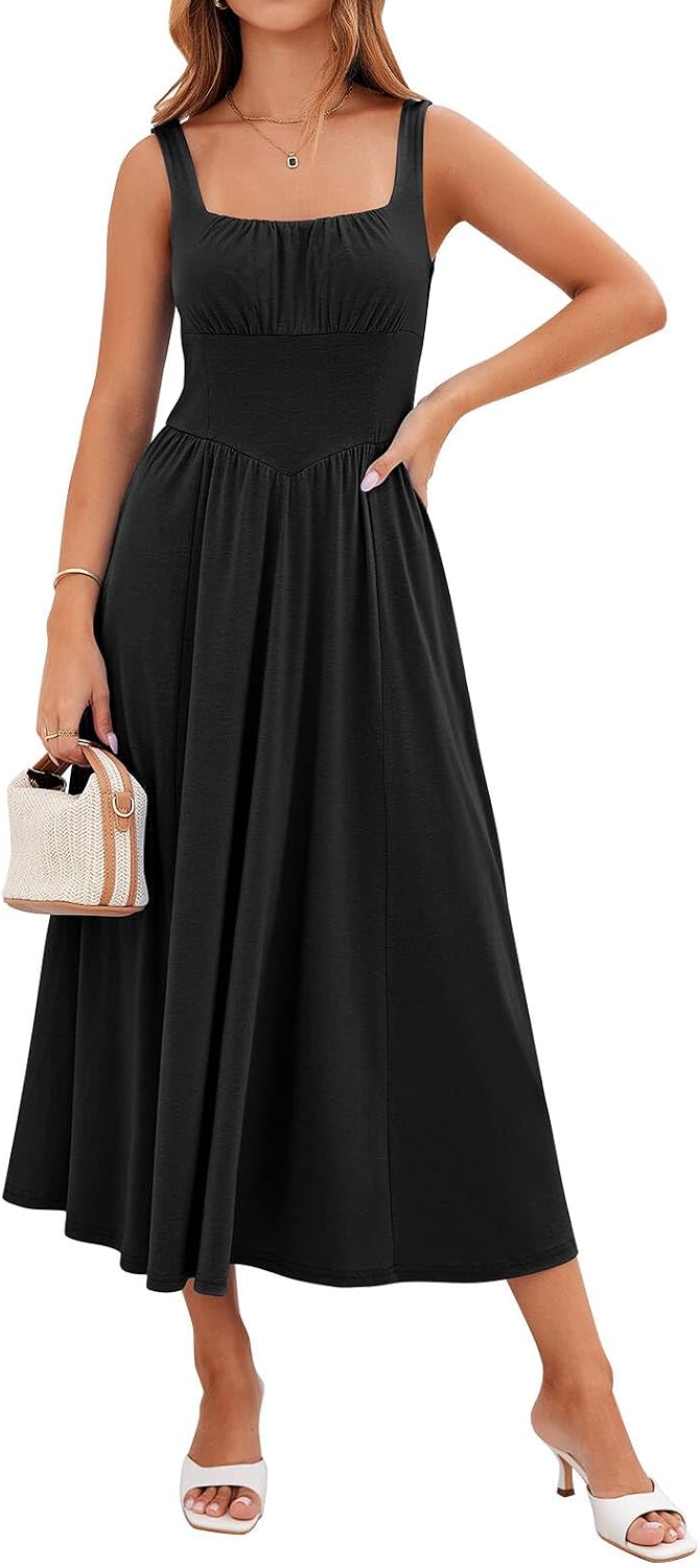 YIOYOLA Womens Casual Summer Dress with Pockets | Sleeveless Square Neck Flowy A-Line Midi Sundress for Beach & Wedding Guest