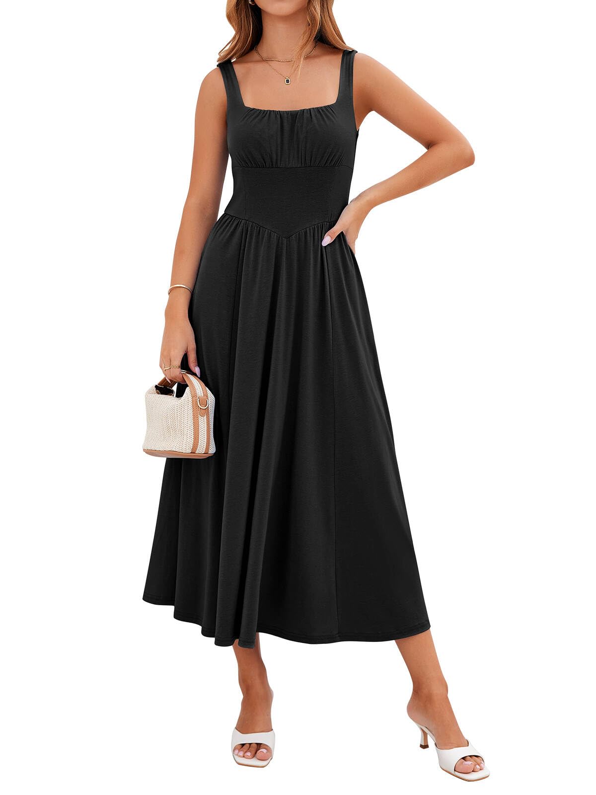 YIOYOLA Womens Casual Summer Dress with Pockets | Sleeveless Square Neck Flowy A-Line Midi Sundress for Beach & Wedding Guest