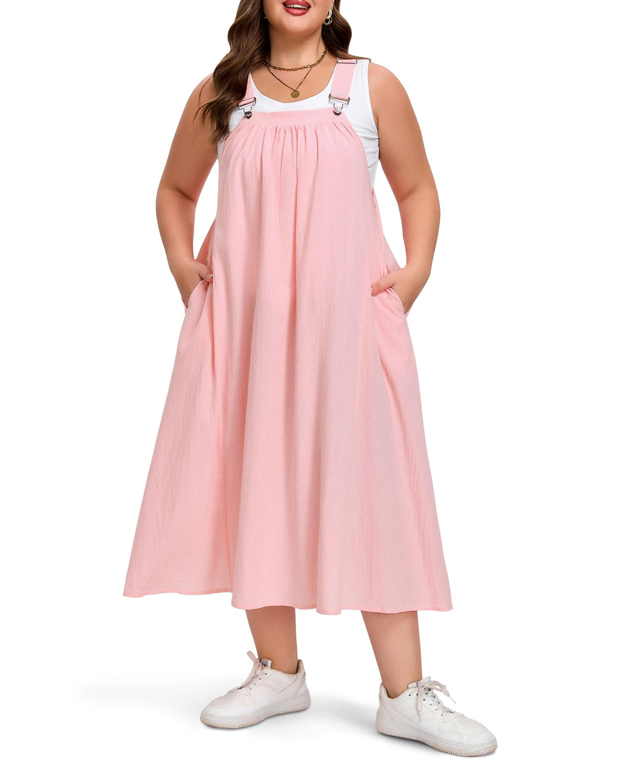 Moon Wood Plus Size Cotton Overall Dress for Women Casual Maxi Dress Adjustable Strap Jumper Dress with Pockets