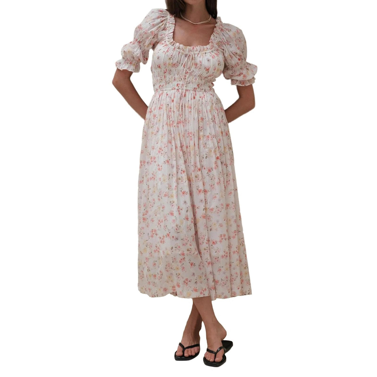 ABYOVRT Women Smocked Dresses Puff Sleeve Off Shoulder Flowy Midi Dress Baby Shower Summer Fall