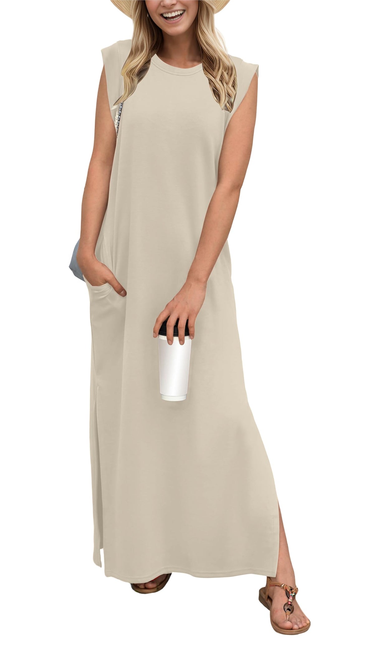 GRECERELLE 2026 Women Year-Round Casual Round Neck Loose Split Wrinkle-Free Long Maxi Vacation Dress with Pockets (XXS-4XL)