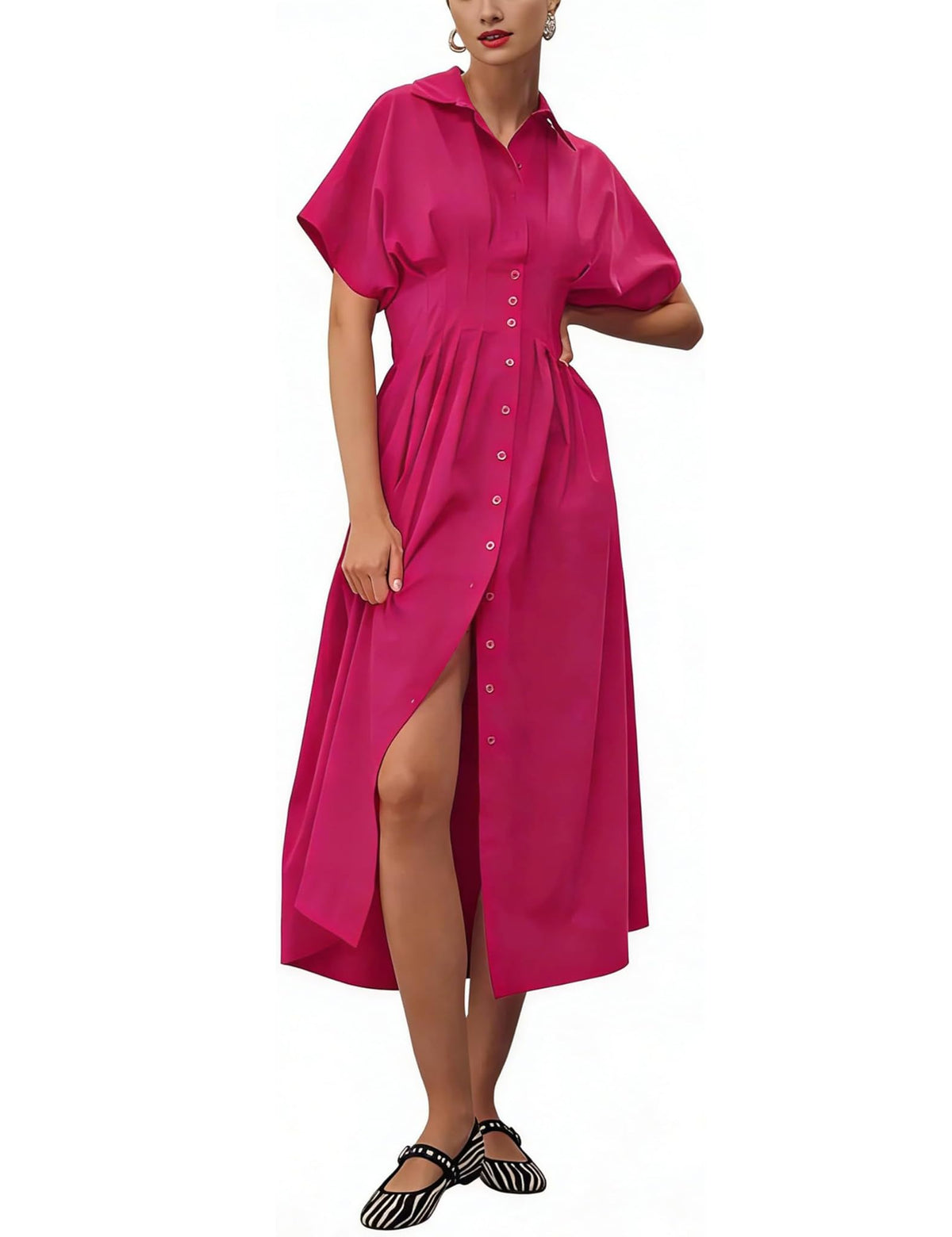 Yeokou Shirt Dress for Women Summer Casual Short Sleeve Button Down Loose Pleated Maxi Sundress with Pockets