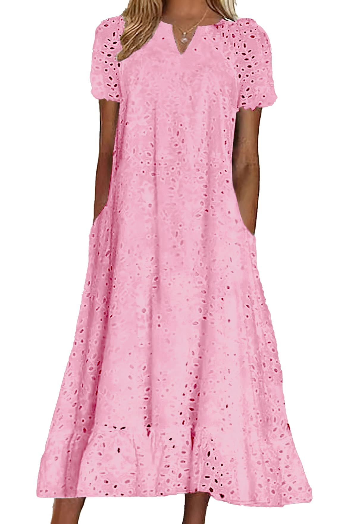chouyatou Women Summer Ruffle Hem Floral Lace Eyelet Dress Casual Notch Neck Midi Tunic Dress with Pocket