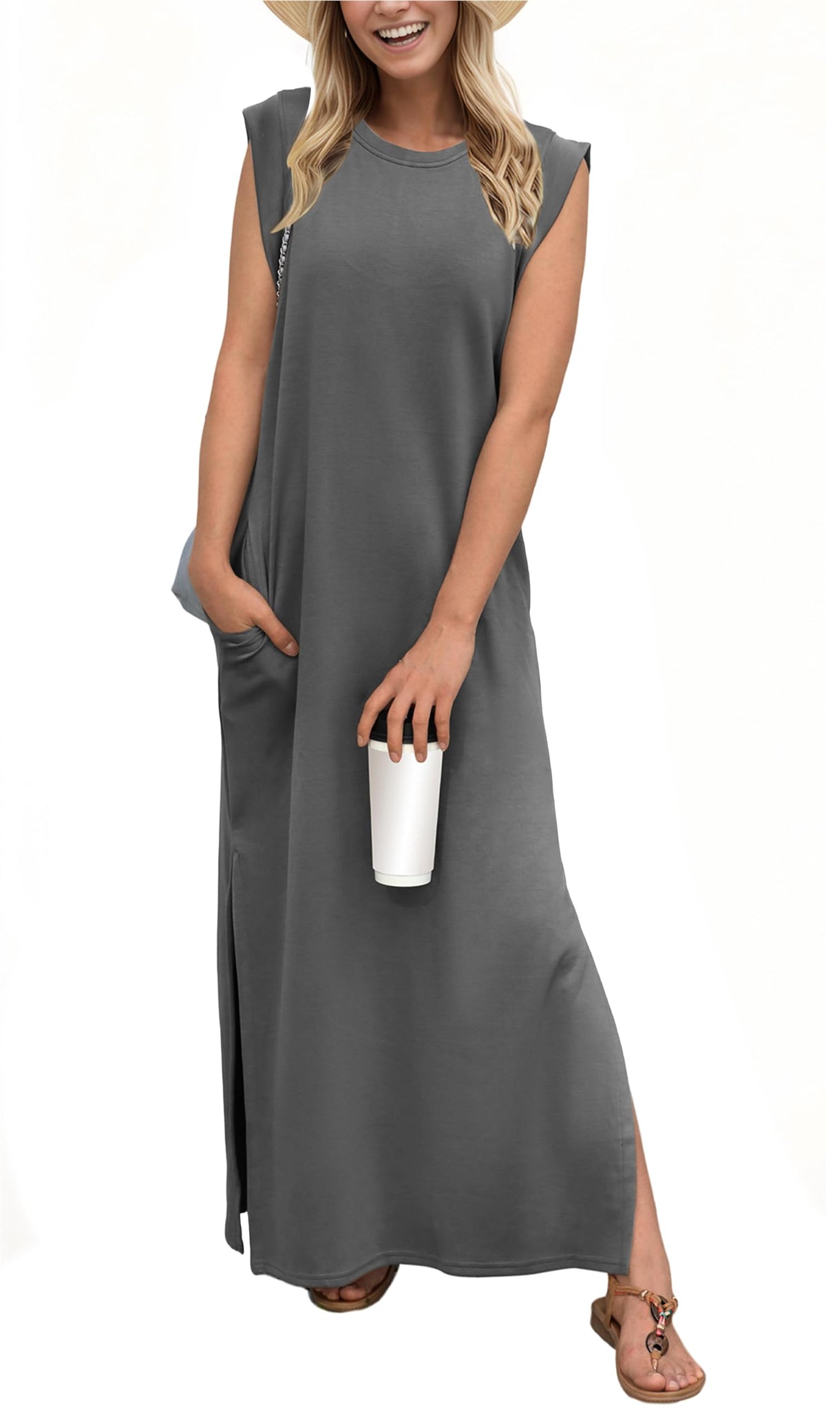 GRECERELLE 2026 Women Year-Round Casual Round Neck Loose Split Wrinkle-Free Long Maxi Vacation Dress with Pockets (XXS-4XL)