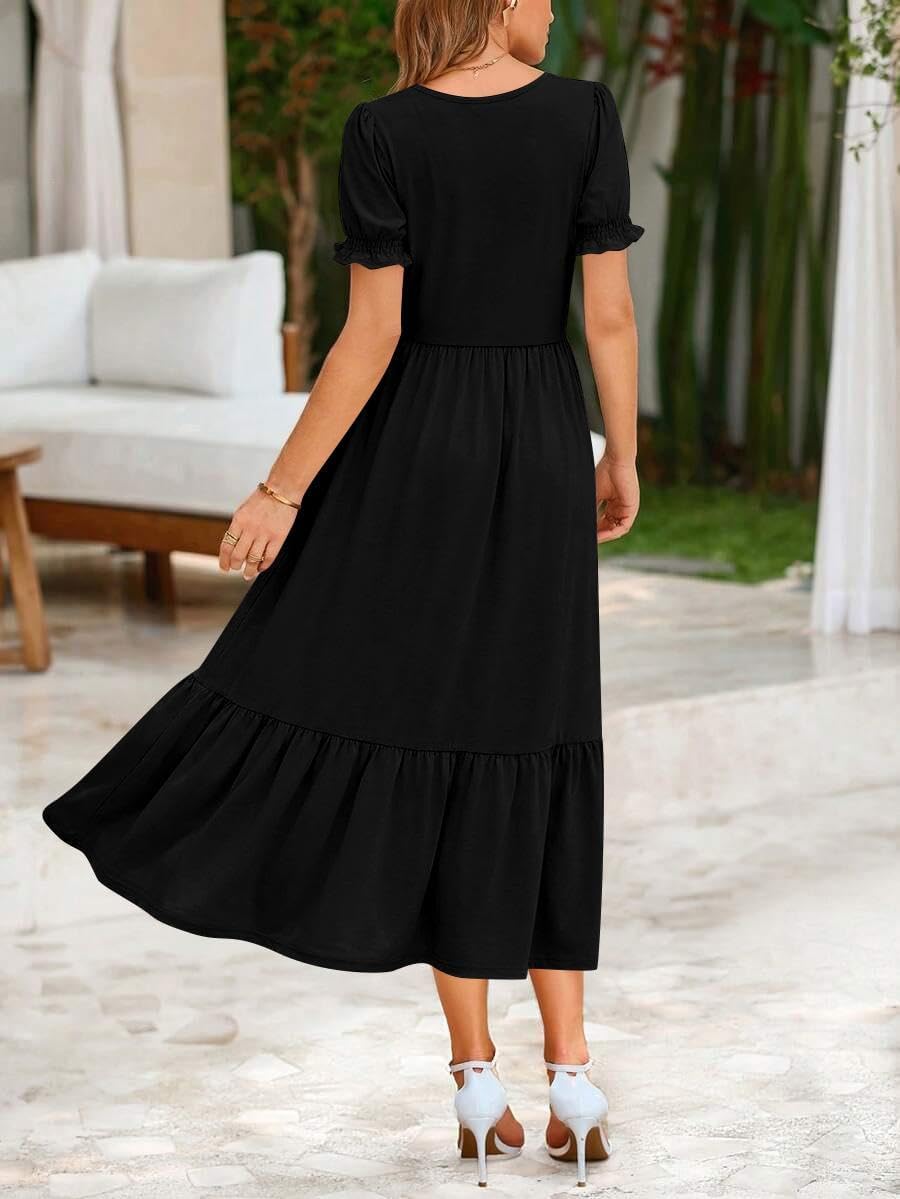 Zeagoo Summer Dresses for Women Flowy Casual Midi Dress Short Sleeve Tiered Dress Beach Vacation Sundresses with Pockets