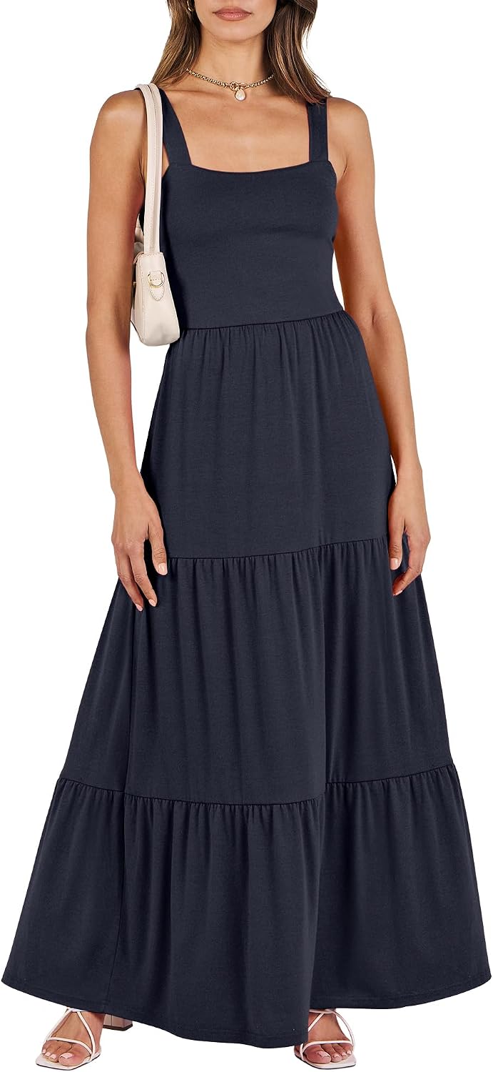 ANRABESS Women's Summer Flowy Maxi Dress Square Neck Sundress with Pockets