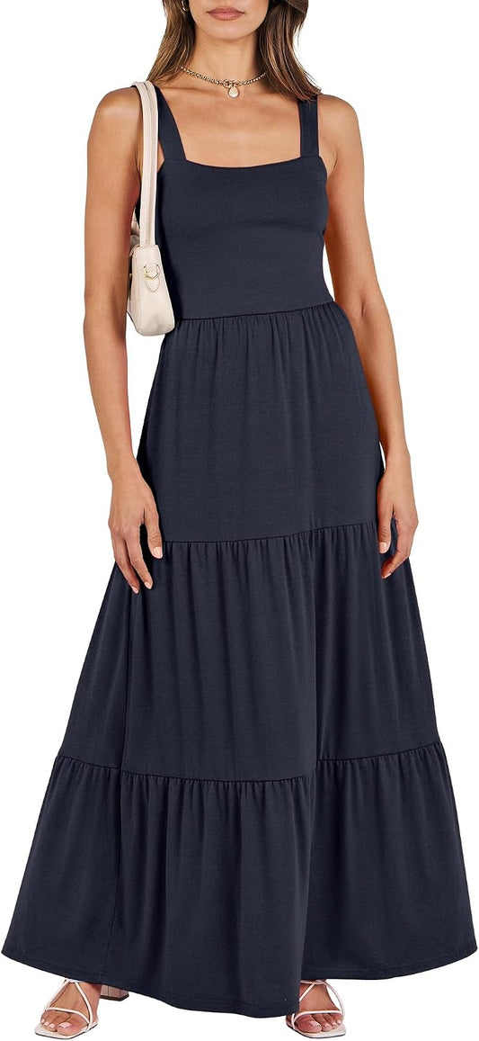 ANRABESS Women's Summer Flowy Maxi Dress Square Neck Sundress with Pockets