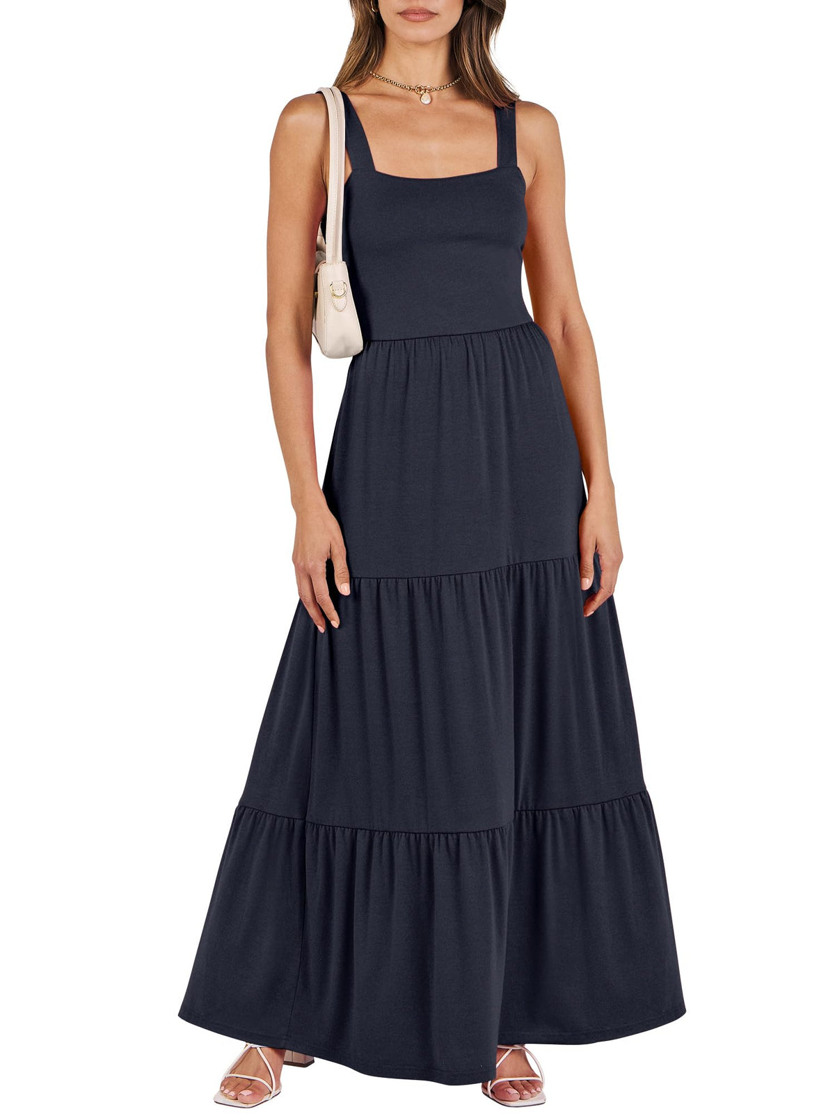 ANRABESS Women's Summer Flowy Maxi Dress Square Neck Sundress with Pockets