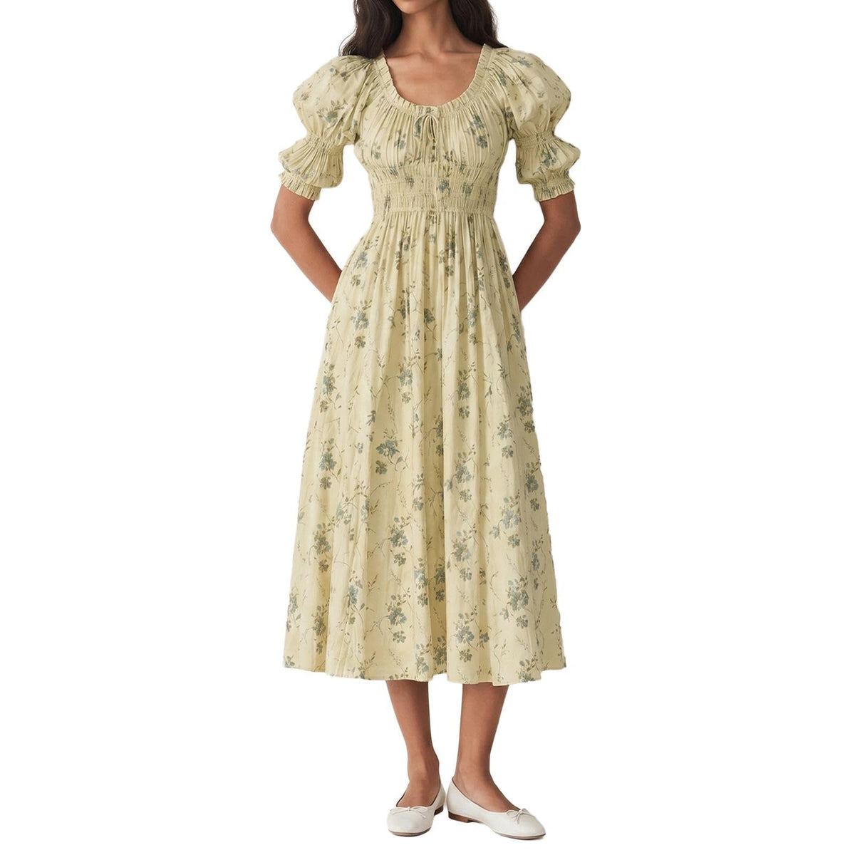 ABYOVRT Women Smocked Dresses Puff Sleeve Off Shoulder Flowy Midi Dress Baby Shower Summer Fall