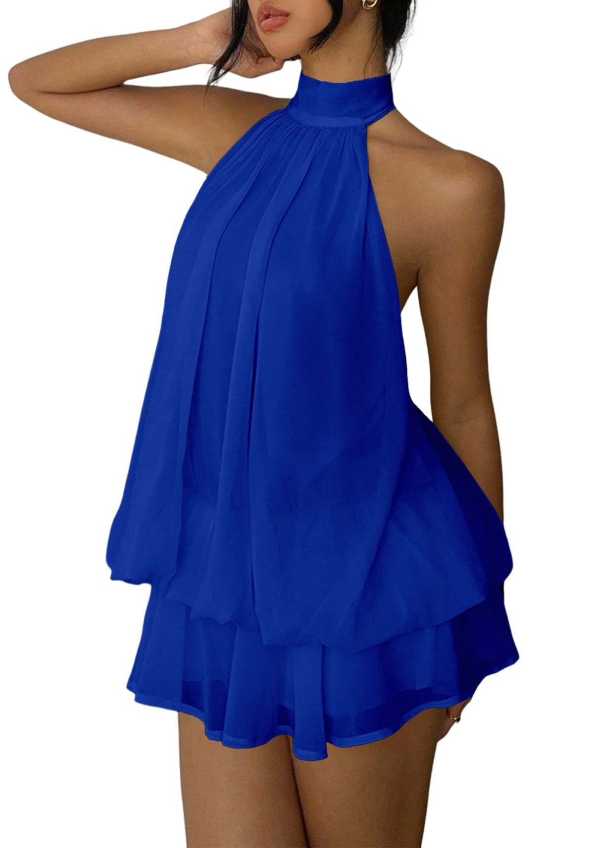 Women's Chiffon Halter Drop Waist Mini Dress Wedding Guest Dresses Ruffle Formal Holiday Club Brunch Outfits