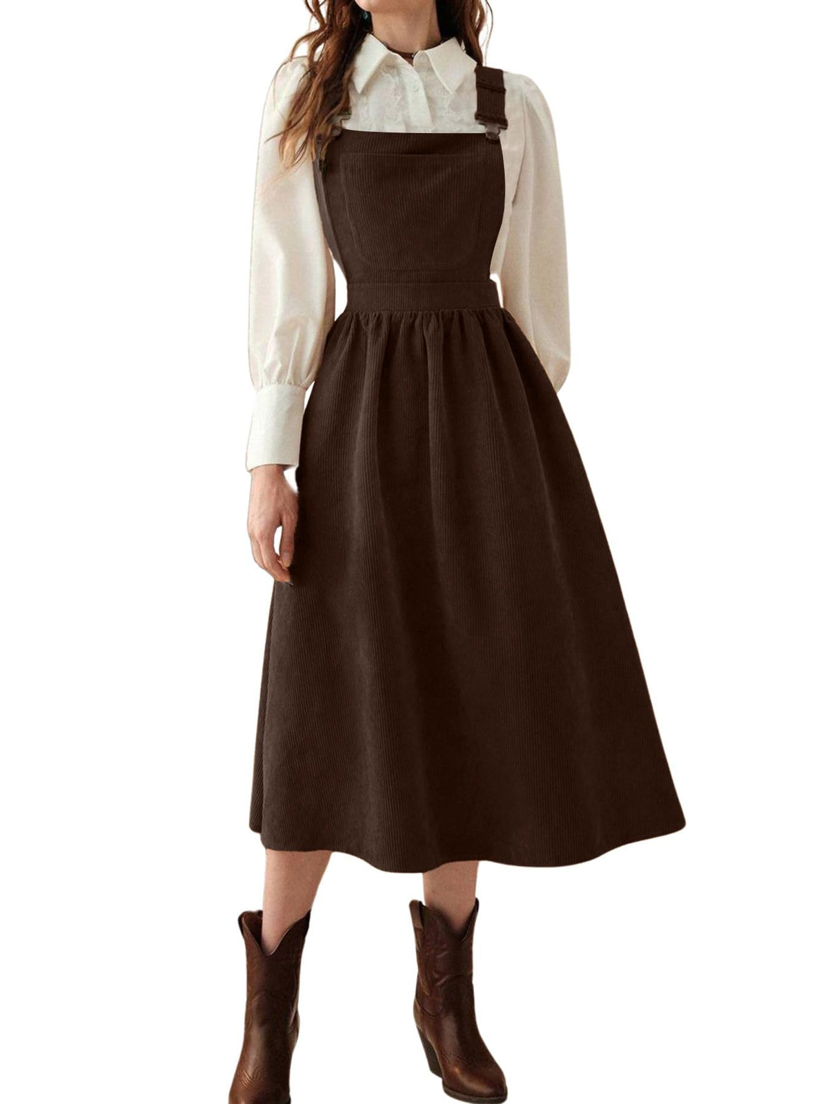 chouyatou Women's Fall Corduroy Overall Dress Adjustable Strap A Line Flare Pinafore Midi Jumper Dress