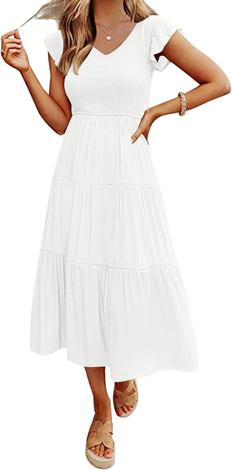 MEROKEETY Women's Summer 2026 Flutter Sleeve Smocked Casual Midi Dress