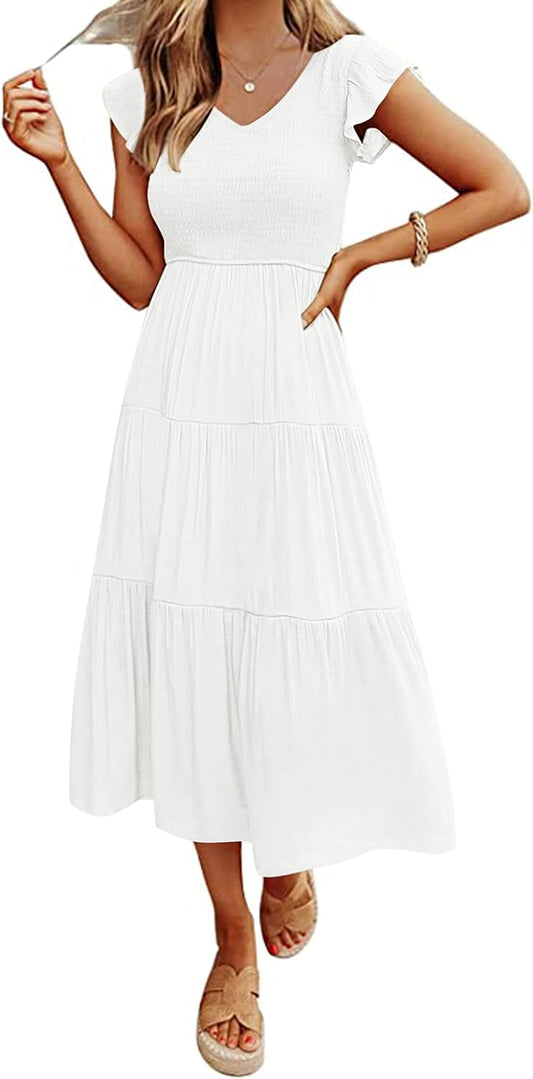 MEROKEETY Women's Summer 2026 Flutter Sleeve Smocked Casual Midi Dress