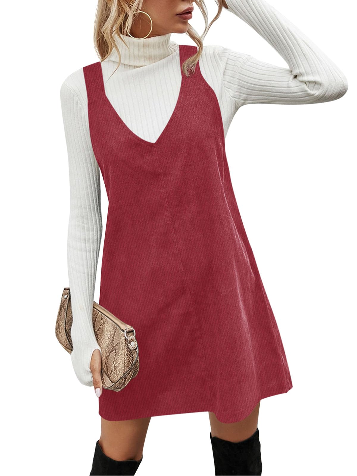 Koinshha Women Corduroy Overall Dress Fall Pinafore Mini Dresses