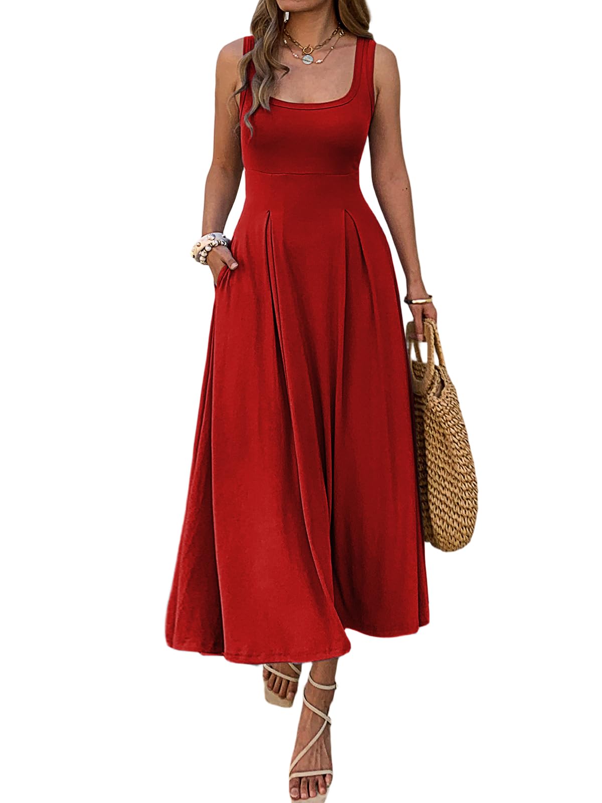 Mieazom Women's Summer Sleeveless Empire Maxi Dress Square Neck A-Line Pleated Flowy Elegant Casual Dresses with Pockets
