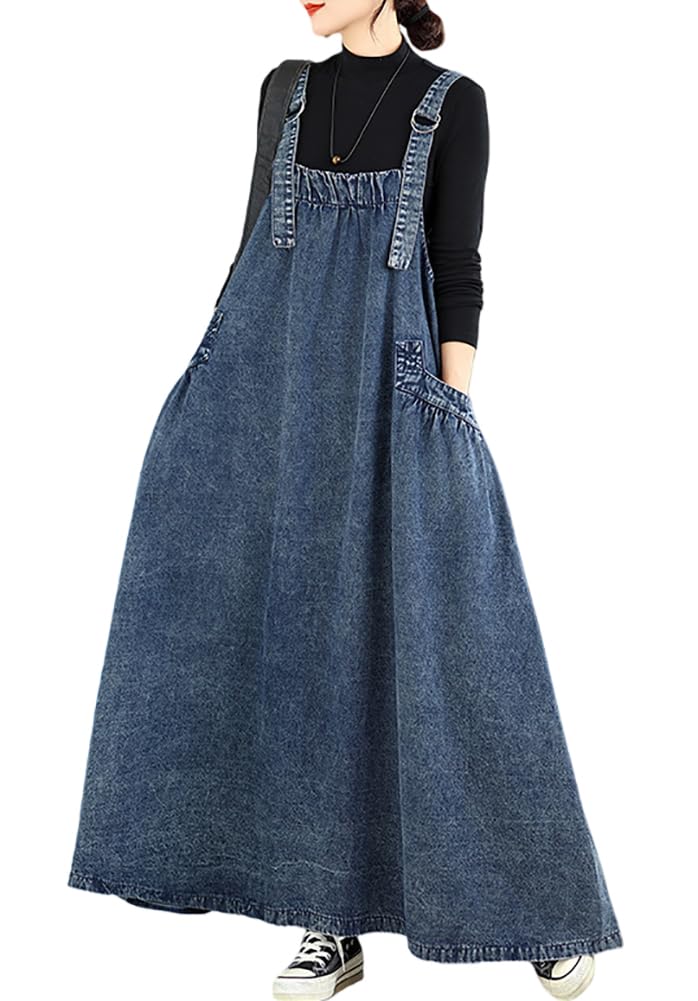 Denim Jumper Dress for Women Loose Version Baggy Style Maxi Length Adjustable Straps Wide Hemline