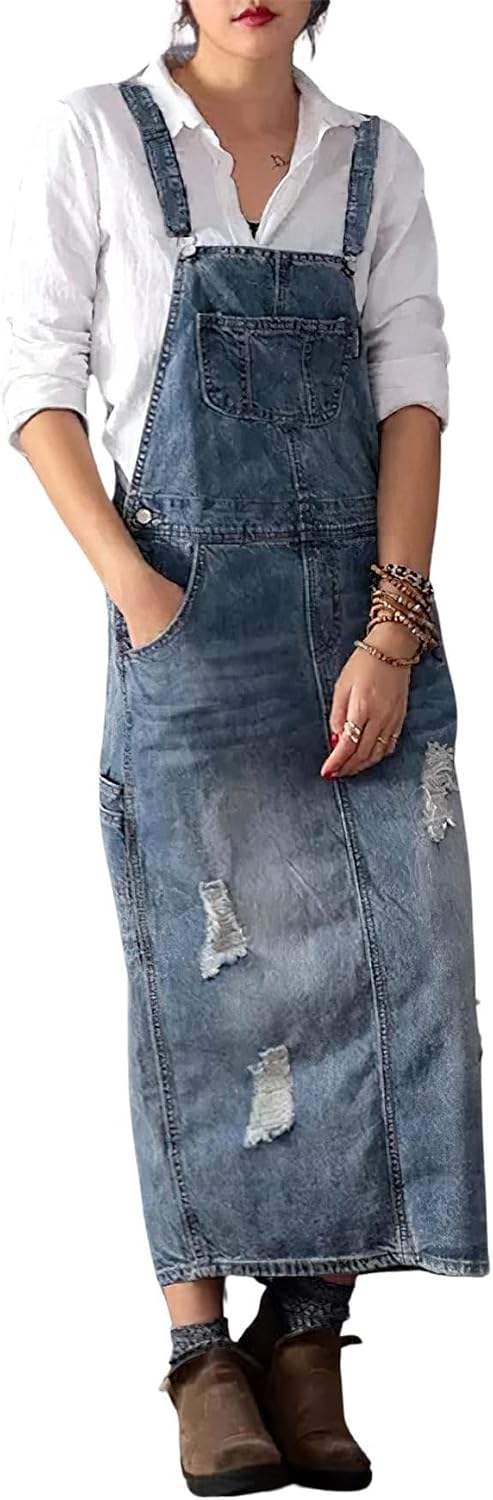 chouyatou Women's Adjustable Strap Distressed Denim Overall Dress A-Line Pinafore Jean Dress with Split