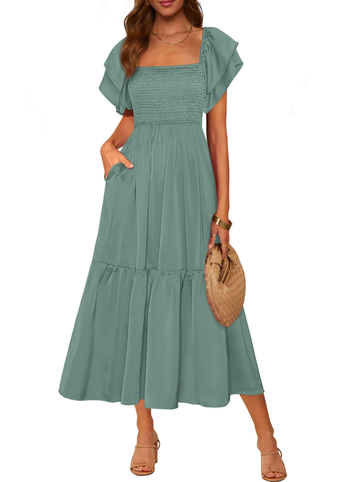 MASCOMODA Womens Summer Casual Smocked Flowy Midi Dress