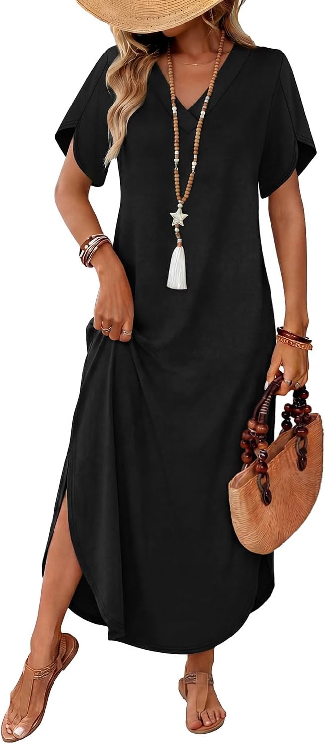 WIHOLL Summer Dresses for Women Short Sleeve Maxi Dresses V Neck Sundress with Side Slit Pockets Casual Beach Dress