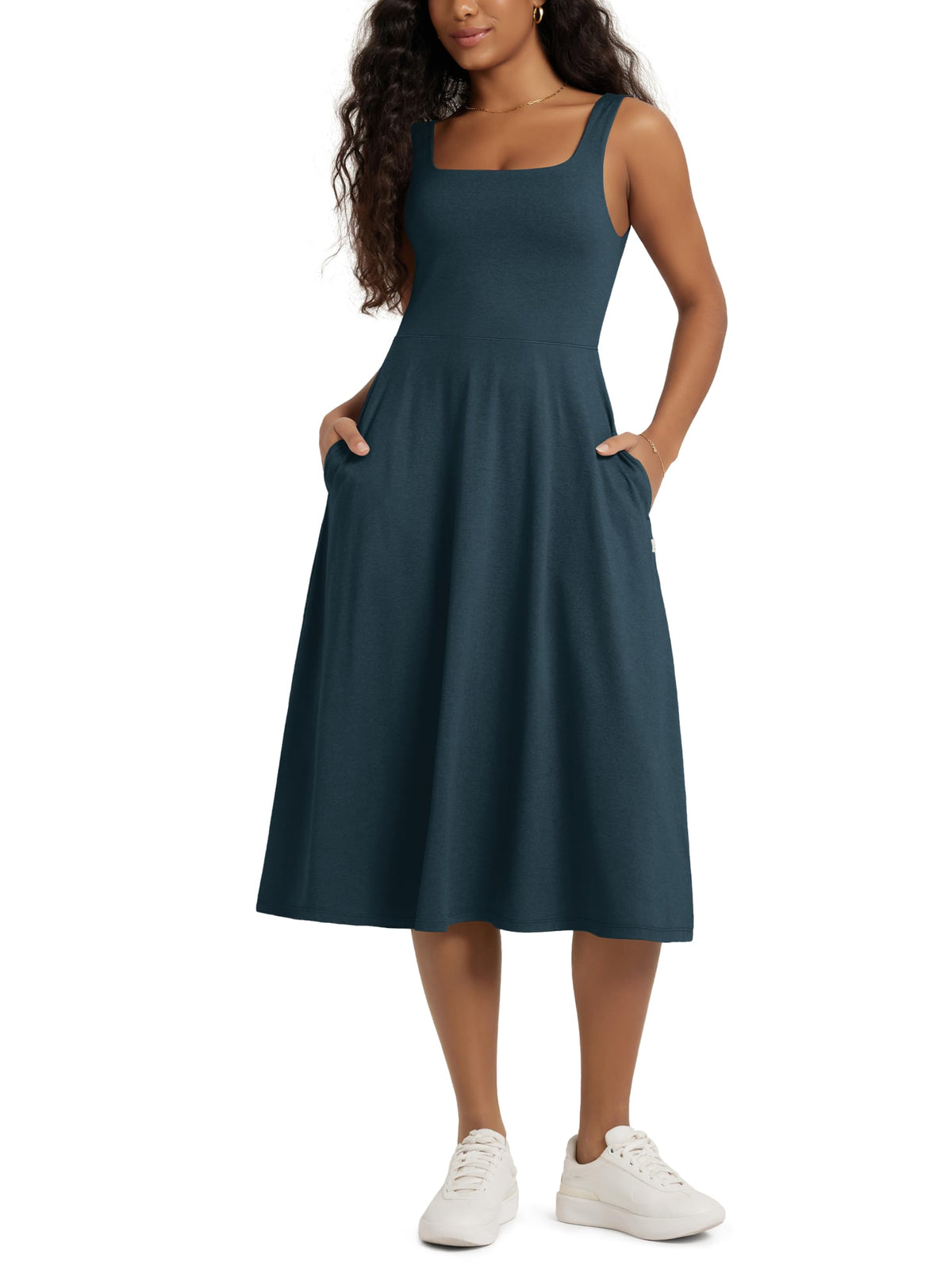 ODODOS Square Neck Midi Dress with Pockets for Women Summer Casual Sleeveless Sundress Flare Tank Dress