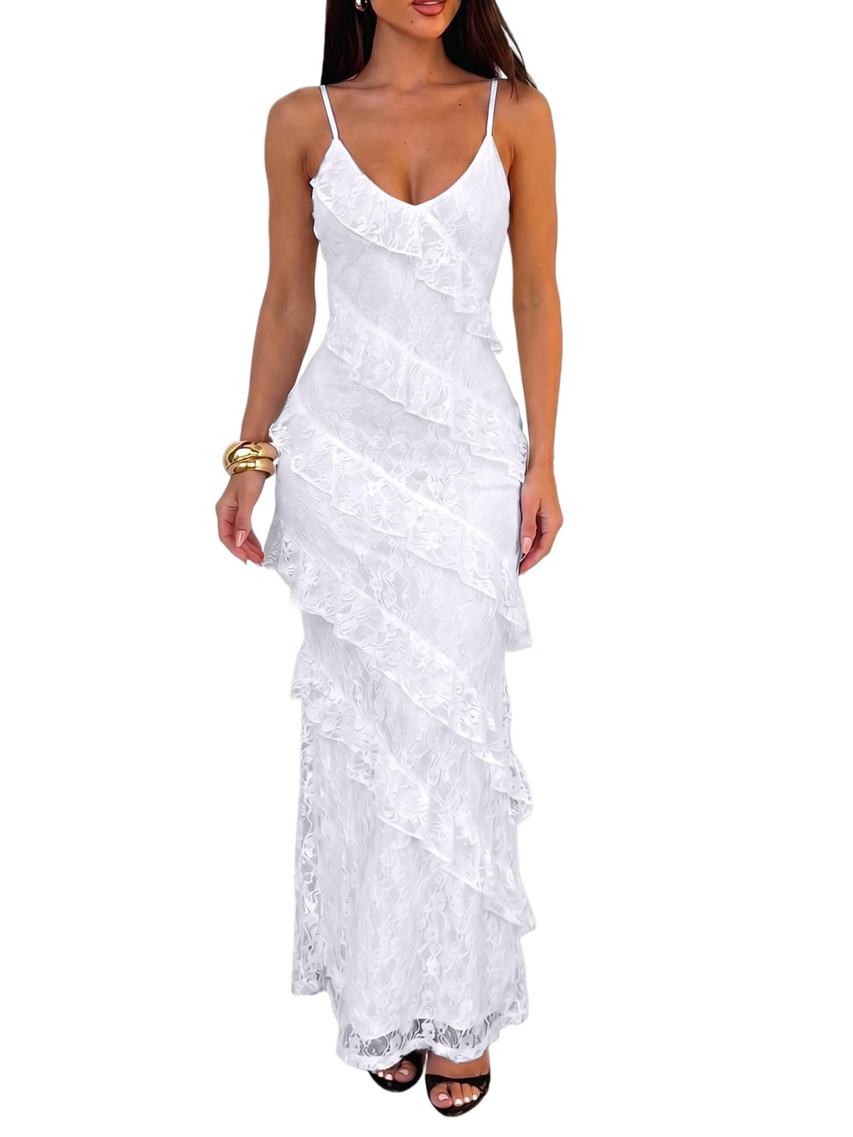 HOCILLE Women's Sexy V Neck Floral Wedding Guest Cocktail Maxi Dress
