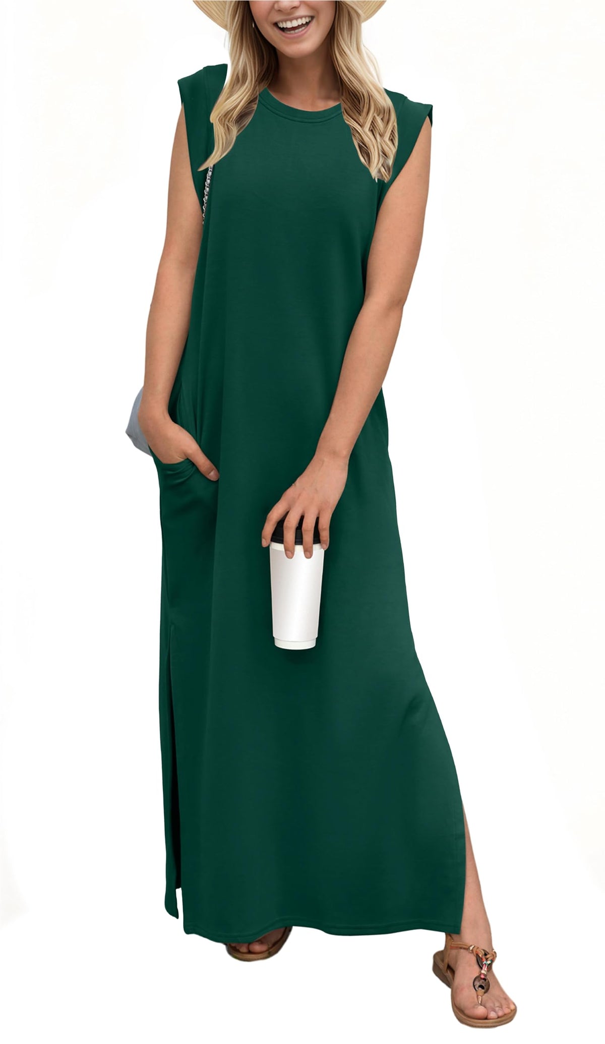 GRECERELLE 2026 Women Year-Round Casual Round Neck Loose Split Wrinkle-Free Long Maxi Vacation Dress with Pockets (XXS-4XL)