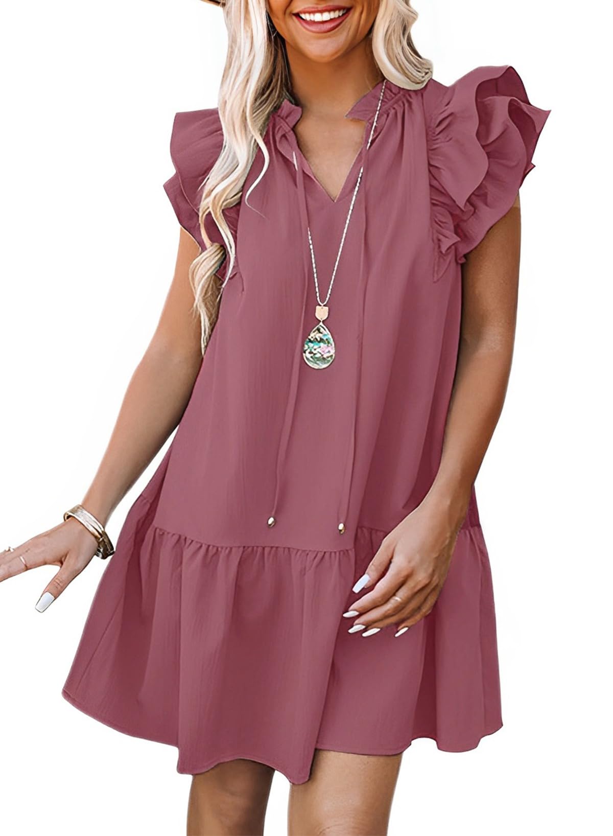 Dokotoo Womens Summer Dresses 2026 V-Neck Drawstring Ruffle Cap Short Sleeve Side Pockets Mini Dress Sundress