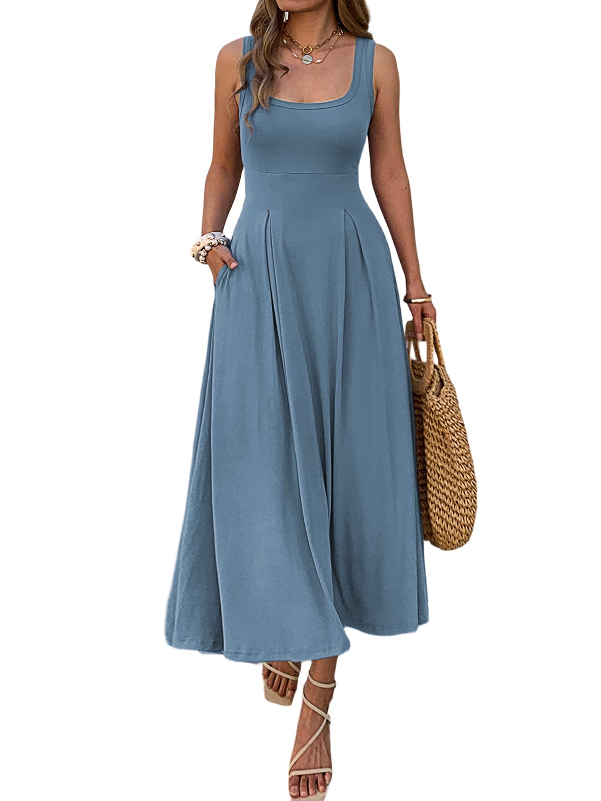 Mieazom Women's Summer Sleeveless Empire Maxi Dress Square Neck A-Line Pleated Flowy Elegant Casual Dresses with Pockets