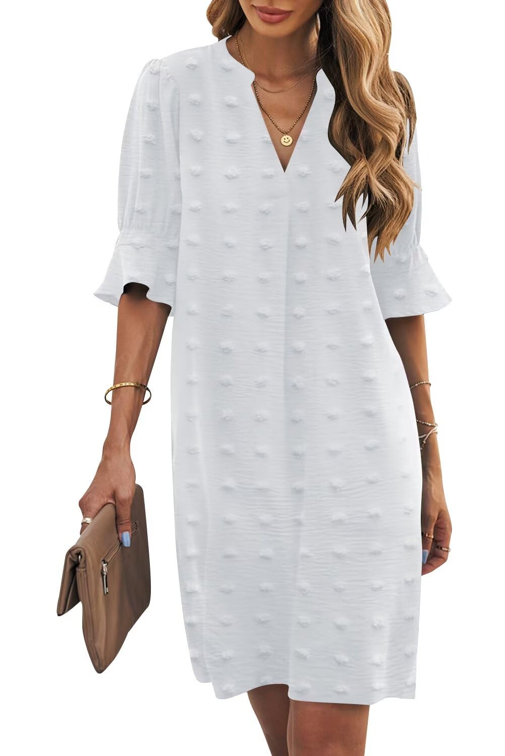 Wkior Womens Summer Ruffle Short Sleeve V Neck Shift Dress