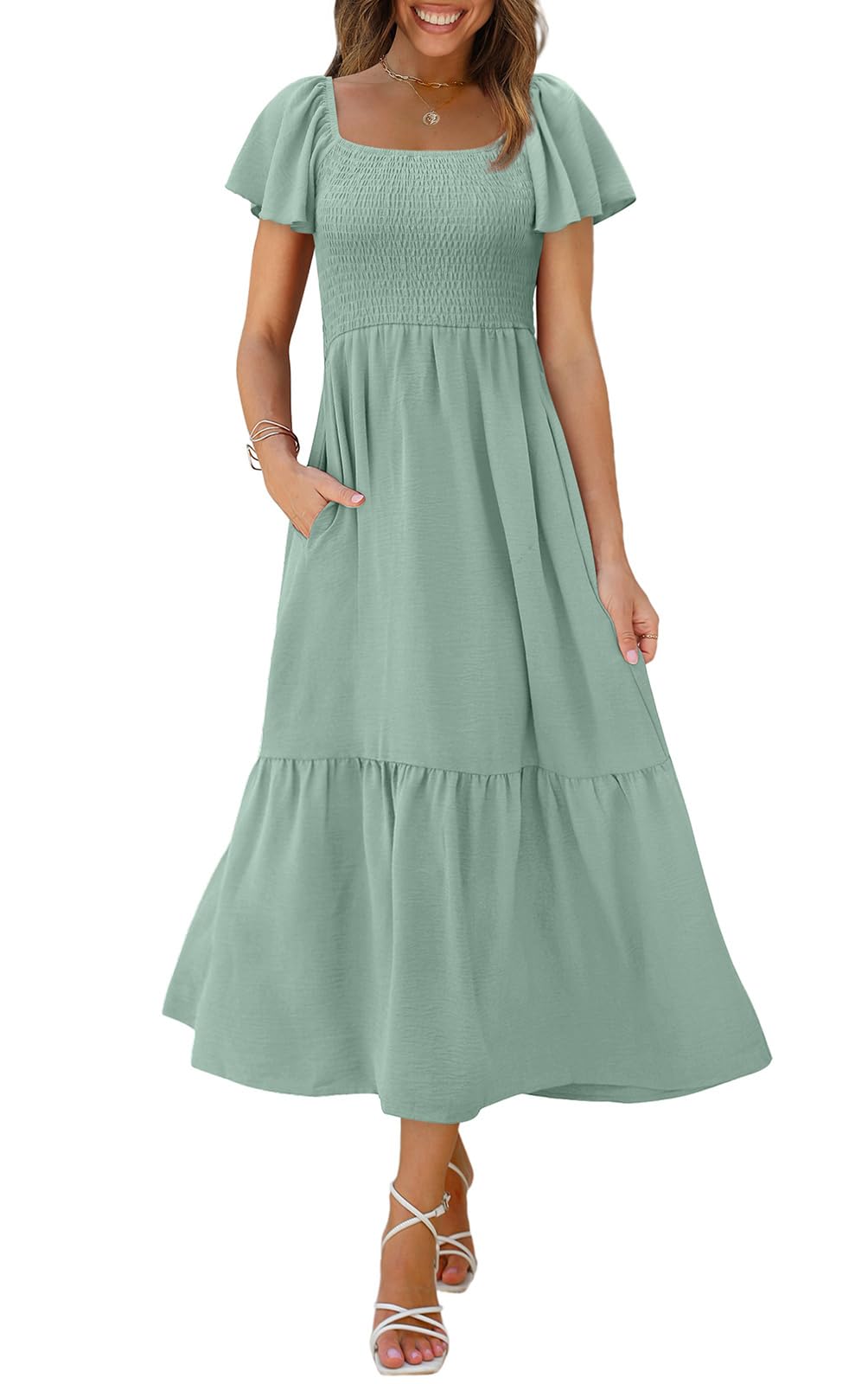 OFEEFAN Summer Dresses for Women Square Neck Ruffle Sleeve Smocked Maxi Dress with Pockets